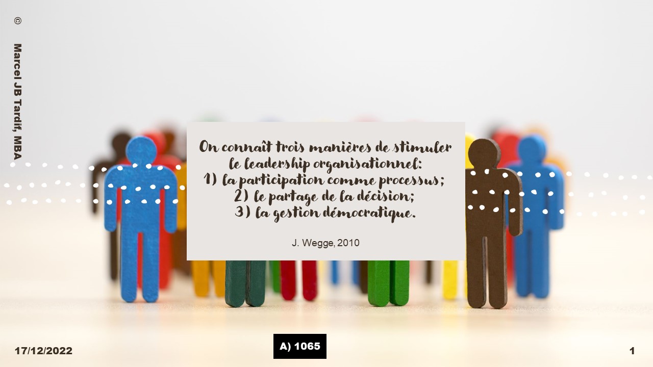 You are currently viewing On connaît trois manières de stimuler le leadership organisationnel: 1) la participation comme processus; 2) le partage de la décision; 3) la gestion démocratique